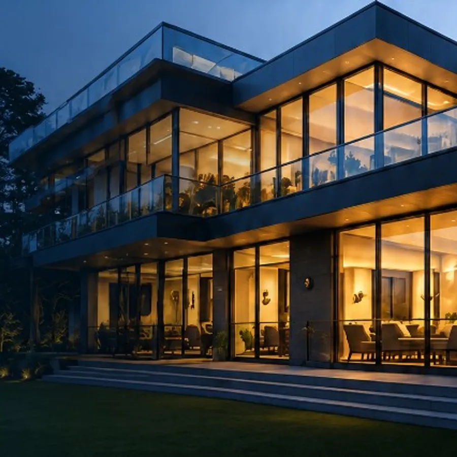 Luxury modern glass villa illuminated at night
